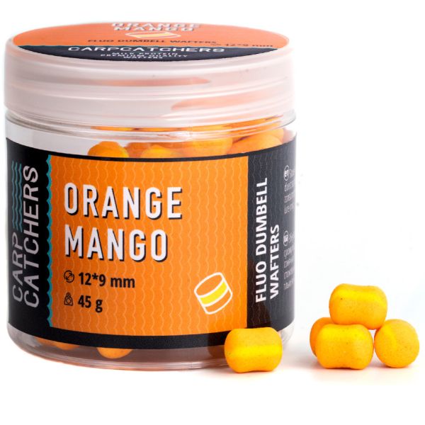 Бойли Carp Catchers - Orange Mango - Fluo Dumbell Wafters 12*9 мм - Light Orange & Yellow stripe - Плаваючі - Двоколірні
