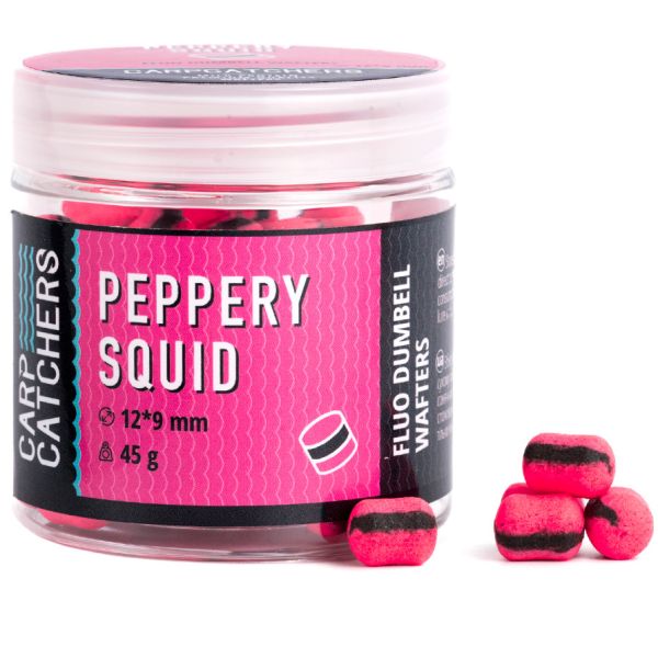 Бойлы Carp Catchers - Peppery Squid - Fluo Dumbell Wafters 12*9 мм -  Pink & Black stripe - Плавающие - Двухцветные