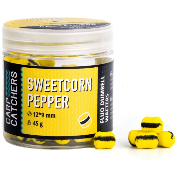 Бойлы Carp Catchers - Sweetcorn Pepper - Fluo Dumbell Wafters 12*9 мм -  Natural Yellow & Black stripe - Плавающие - Двухцветные