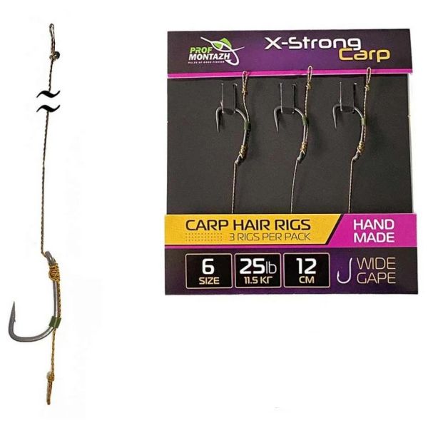 Бойловый (карповый) поводок X-Strong Carp - 12 см - Wide Gape Hook №6 - 25lb/11.5kg - ПрофМонтаж - 3 шт/уп