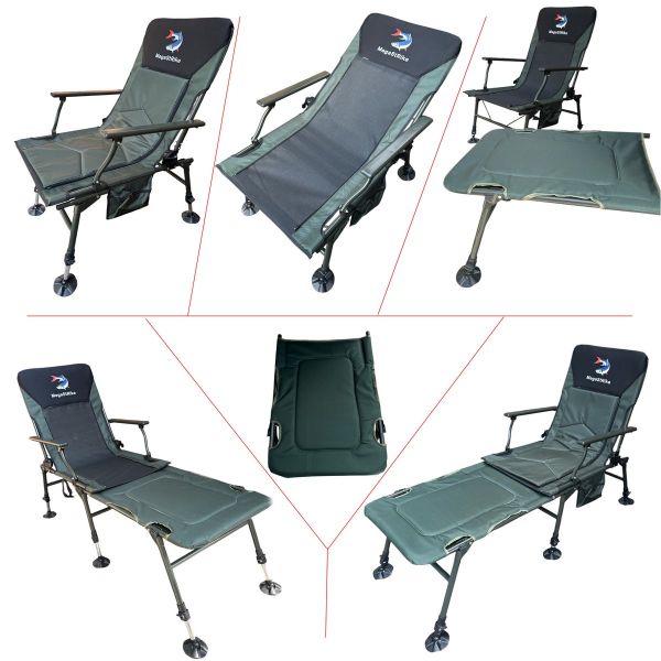 Карповое кресло Megastrike с подставкой для ног - SH9-3-8 - (70+50)x55x95 см - С боковым карманом на змейке - Олива