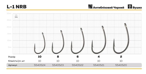 Гачок Hayabusa Carp L-1 NRB - Тефлонове покриття - Матовий чорний - 10 шт/уп