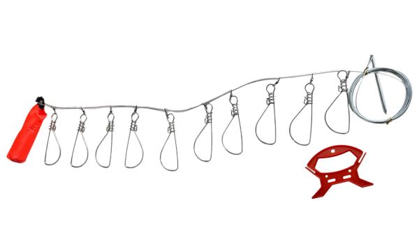 Кукан посилений з поплавком на металевому тросі - 10 карабінів - Довжина 6 м
