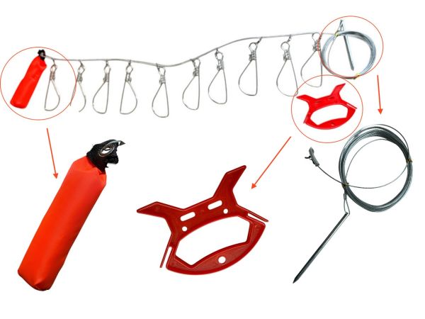 Кукан посилений з поплавком на металевому тросі - 10 карабінів - Довжина 6 м