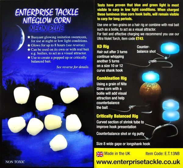 Кукуруза Enterprise Tackle - Светящаяся в темноте - Сухая (Без дипа) - Neon Blue - 8 шт/уп