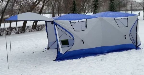 Намет Mircamping 2023 - Напівавтомат - 8-місна - Зимова - Тришарова - З підлогою - Мобільна лазня