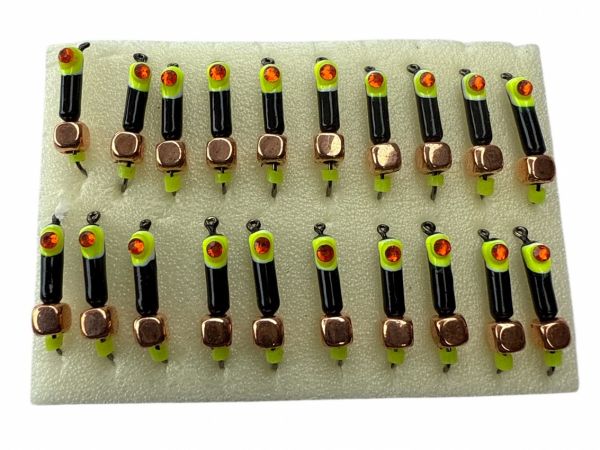 Мормишка Вольфрамова Володимирська Гвоздик - З шестигранником золото - 2.5 мм - 0.5 г - Чорний з жовтою точкою та червоним каменем - Арт.643