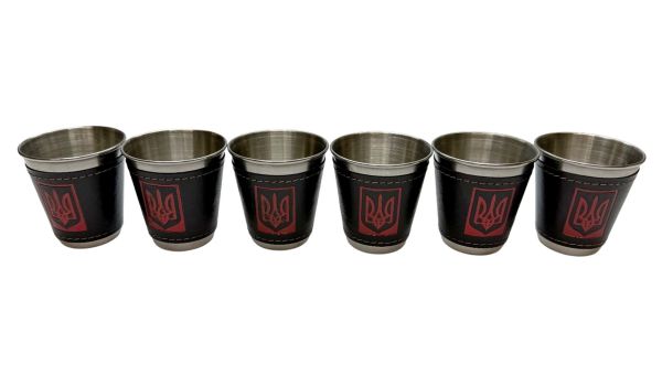 Набір чарок із нержавіючої сталі обтягнутих шкірою Україна JB-01 - 6 шт. x 75 мл - У шкіряному чохлі - Китай
