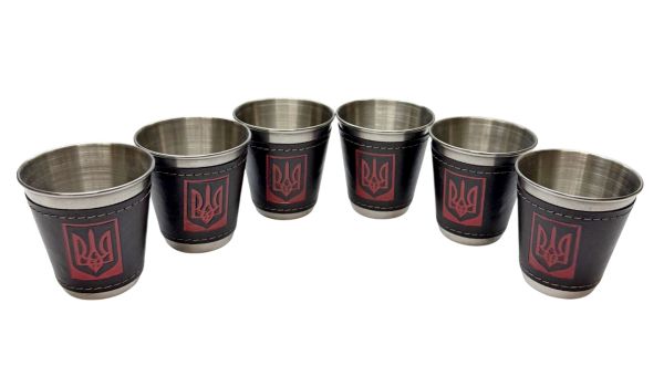 Набір чарок із нержавіючої сталі обтягнутих шкірою Україна JB-01 - 6 шт. x 75 мл - У шкіряному чохлі - Китай