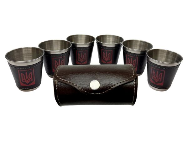 Набір чарок із нержавіючої сталі обтягнутих шкірою Україна JB-01 - 6 шт. x 75 мл - У шкіряному чохлі - Китай