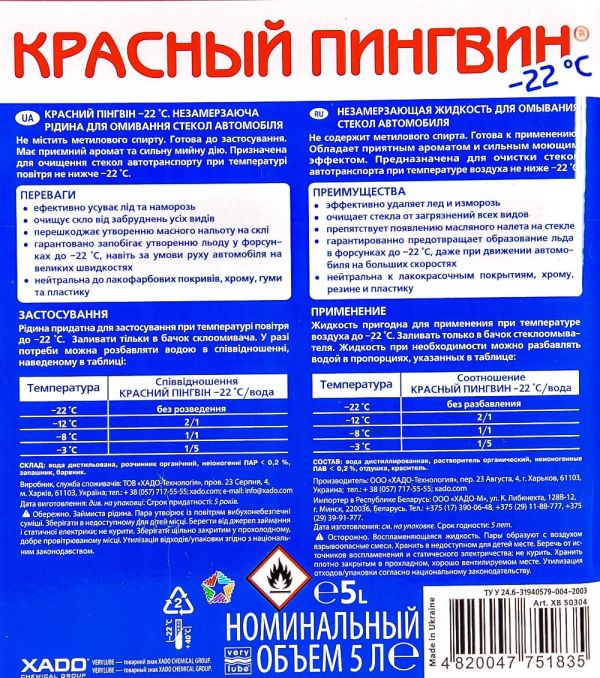 Незамерзающий стеклоомыватель для автомобиля до -22°C - ХАДО - "RED PENGUIN" (Красный пингвин) - Канистра (без лейки) 5 л