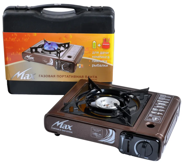 Плита газовая портативная MAX MS-2500LPG - Двойного действия - С адаптером - В кейсе  - Корея - Коричнево-черная