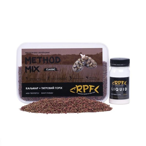 Прикормка RPF Метод-Микс 2в1 "Classic" - Кальмар+Тигровый Орех - 400 г пеллетса Ø2 мм + 50 мл ликвида