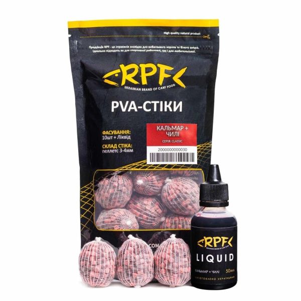 Готові ПВА-стики RPF "Classic" (10 шт. х 20 г) + Ліквід 50 мл - Кальмар+Чилі
