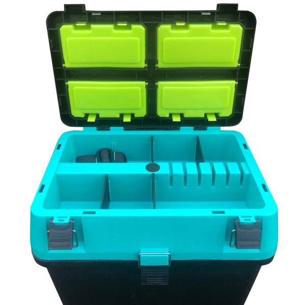 Зимовий набір: Жерлиця з гальмом оснащена 10 шт. + Ящик зимовий 18 л - Чорно-бірюзовий